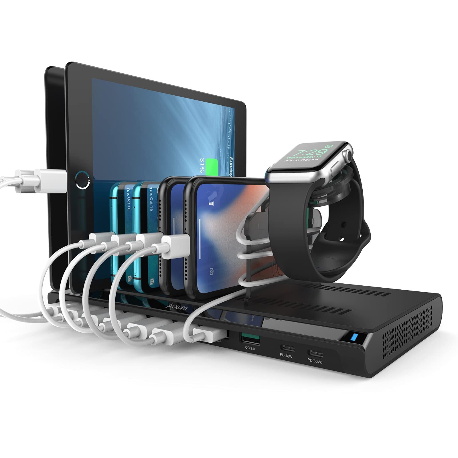 120w 10 Port Charging Cradle with 6 USB-A Chargers 2 Qc3.0 2 PD 18W Fast Char...