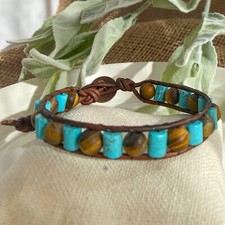 Men's 8mm Turquoise With Matte Tiger Eye Beaded Leather Wrap Bracelet