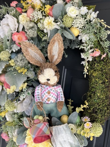 Easter Moss Wreath For Front Door, Bunny Rabbit Decor, Spring Bunny Wreath - Picture 7 of 13