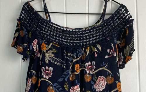 Cotton On Size XS Floral Blue Off Shoulder Short Sleeve Womens Summer Spring Top - Picture 2 of 7