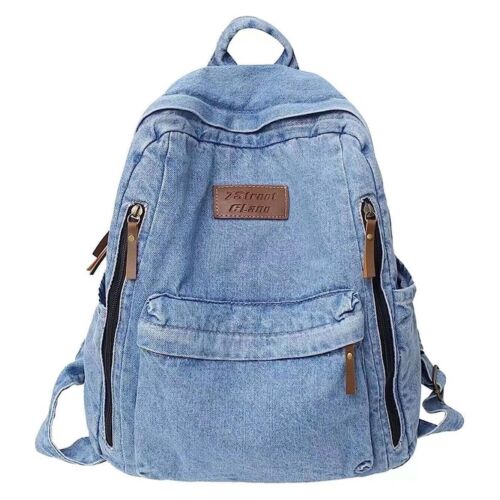 Denim Backpack for Women Men Vintage Grunge Backpack Blue Jeans Laptop Backpa