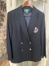 Ralph Lauren Women s Double Breasted Crown Crest Logo Blazer SZ 12 Wool Black