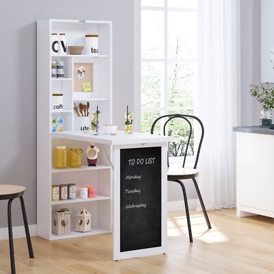 Foldable Desk w/Chalkboard, Fold-Out Convertible Writing Study Desk w/Shelves