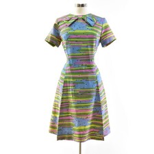 60s Vintage R K Originals Geometric Print Dress Womens M Mod Atomic Bow Neckline