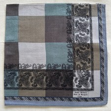 VTG Handkerchief Cotton Brown Green Check  line Art Paisley Pocket Square 17"