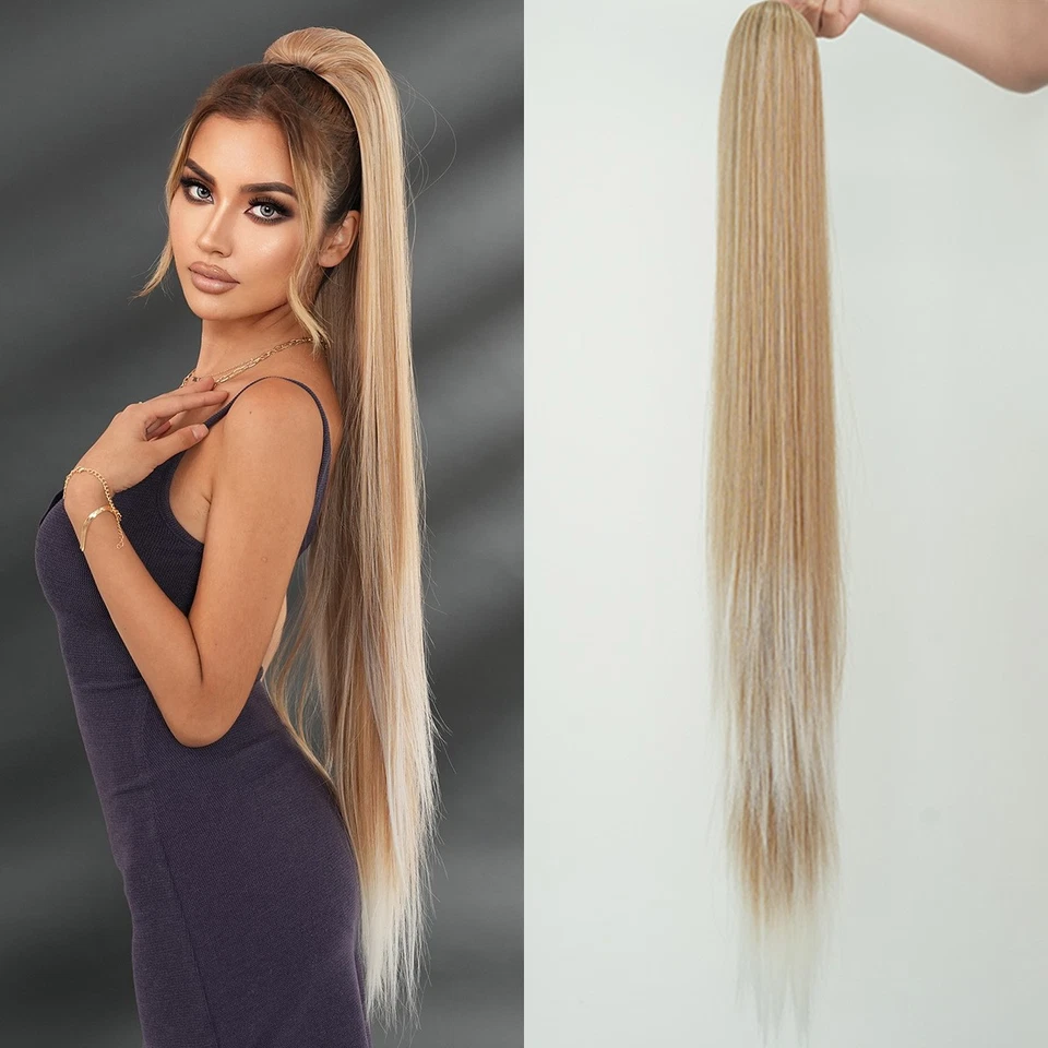 Extra Long Straight Drawstring Ponytail Sleek Synthetic Hair Extension Net Base - Image 4 of 4