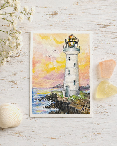Saved through Grace  -ACEO Original Watercolor Lighthouse Painting OOAK card Chr
