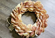 Handcrafted Natural Sea Shell Wreath 14" Red Pink Scallop Beach Seashore Coastal