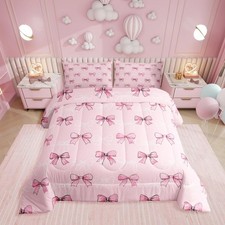 Pink White Bow Tie Queen Comforter Set,Cute Bowtie Princess Bedding Set for G...
