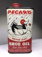 Vintage Pecard Never Leak Shoe Oil Empty Tin ~ 8 fl oz ~ Duck Graphics