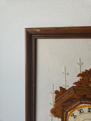 Vintage Crewel Embroidery Clock Finished Framed 1970s Sunset Stitchery 22.5x13.5 - Picture 7 of 9