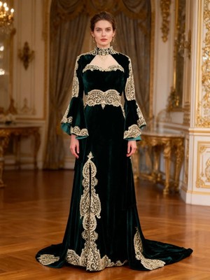 Green Moroccan Caftan Formal Evening Dresses A-line Long Sleeves Velvet Applique