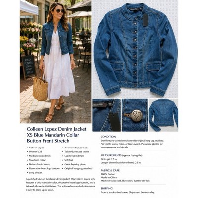 Colleen Lopez Denim Jacket XS Blue Mandarin Collar Button Front Stretch