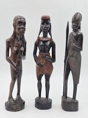 Set Of 3 Vintage Hand Carved Kenyan African Wood Tribal Figures Maasai Sculpture