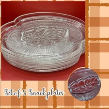 Vintage Set of 5 Crystal Leaf Federal Glass Snack Plates Woolworth 80th Anniv