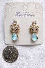 HELLO KITTY Blue Gold-Tone Rhinestone Stud Dangle Earrings Colorful NEW