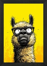 Cartoon Llama with Glasses on Yello Framed Wall Art Poster Canvas Print Picture