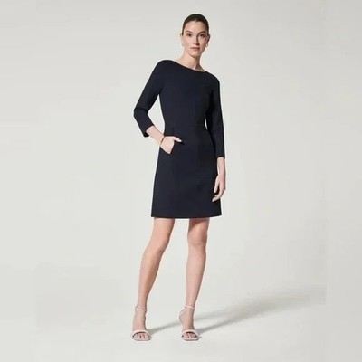 SPANX Classic Navy Blue Ponte Knit Stretch Perfect Shift A-Line Dress L = 12/14