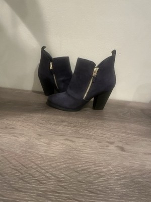 Call It Spring Navy Blue  Suede Ankle Boots Side Zip Block Heel Women's Size 7.5