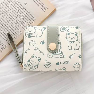 Cute Cat Print Wallet Women's Bifold Card Hlder Wristlet Coin Purse Kawaii
