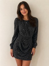 Glam Black Sequin Long Sleeve Mini Cocktail Dress sz 4