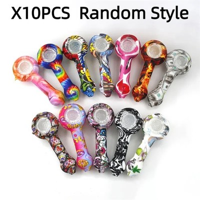 10 Pack Printed Silicone Smoking Pipes, Portable Leakproof Grip Design, Bulk Set