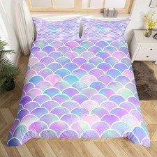 Girls Duvet Cover Set Full Size Mermaid Fish Scales Bedding Set Purple Green ...