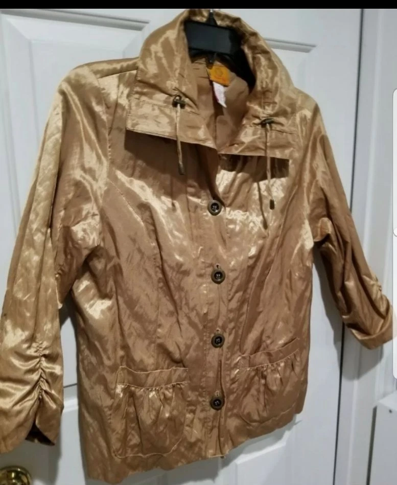 Ruby Rd Gold Metallic ButtonJacket W/Tie Strings, Pockets gathered sleeves Sz 14 - Image 2 of 4