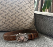 Justin Embossed Leather Western Scroll Heart Belt In Aged Bark Girls Sz 20 READ