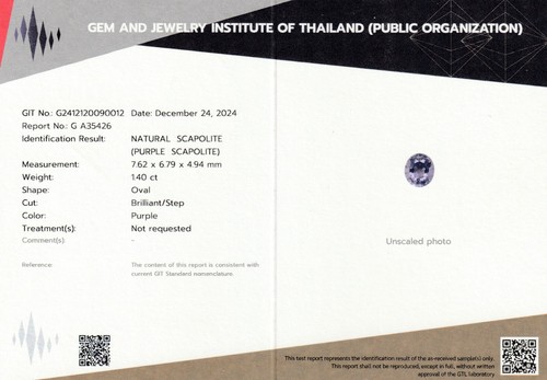 CERTIFICADO GIT TENEBRESCENTE 1,40 ct - ¡RESPLANDOR NATURAL ESCAPOLITA PÚRPURA MASIVO!! - Imagen 4 de 4