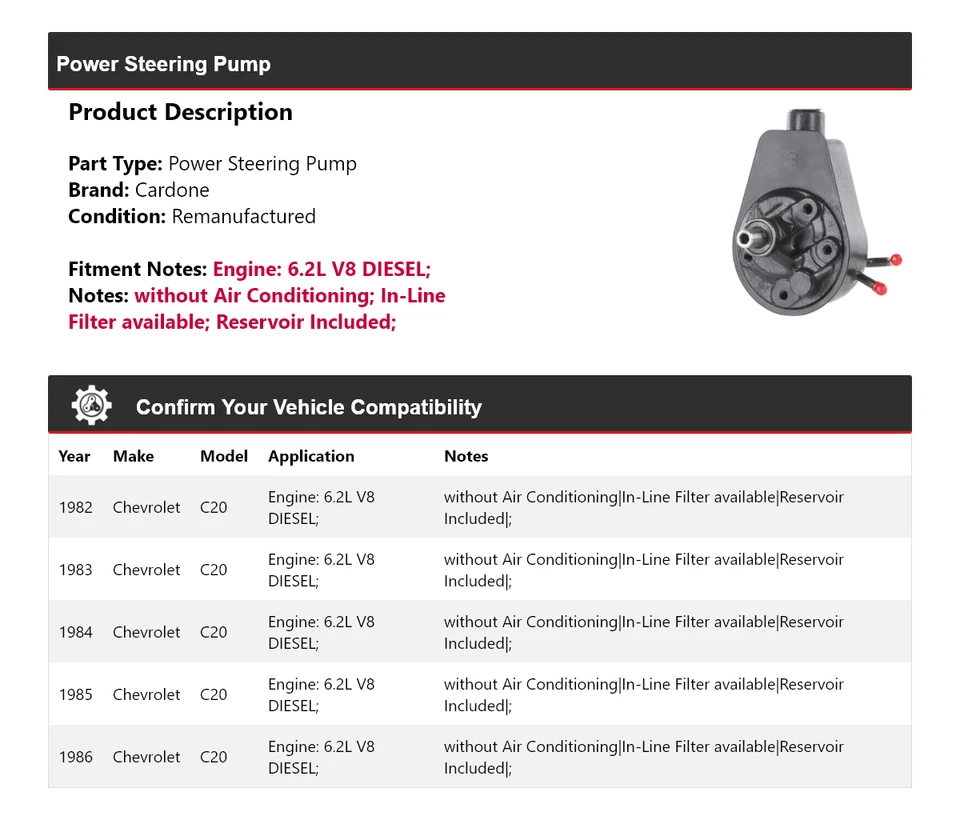 Bomba de dirección asistida diésel Cardone 1983 1984 para Chevrolet C20 1982-1986 6,2 L V8 Foto 2 de 4