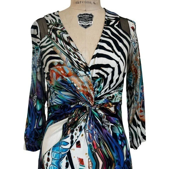 Vestido midi TERI JON RICKIE FREEMAN manga larga cuello en V retorcido estampado mixto talla 6 Foto 3 de 4