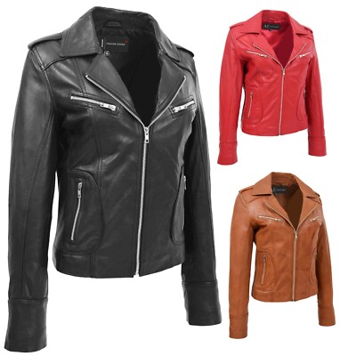 Damen-Jacke echt weiches Leder Biker-Stil taillierter Schnitt Reißverschluss schwarz rot hellbraun 