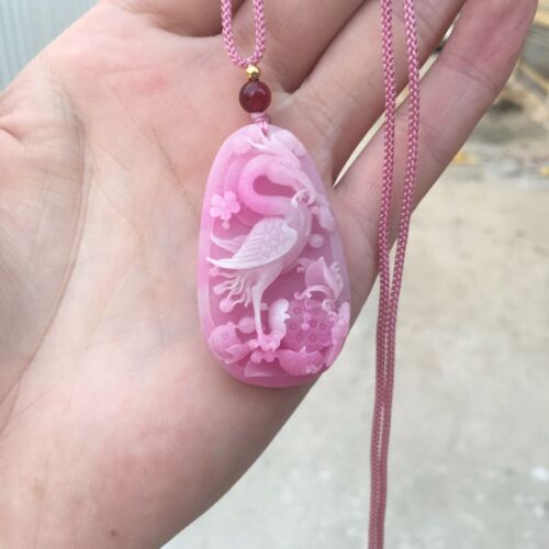 Natural Peach Blossom Jade Opal Super Fairy Palace Wind Crane Necklace Pendant - Picture 9 of 9
