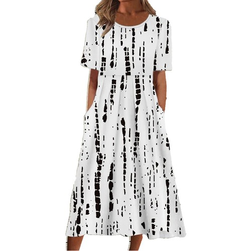Women Floral Short Sleeve Long Maxi Dress Holiday Summer Beach Pockets Sundress` - Picture 7 of 18
