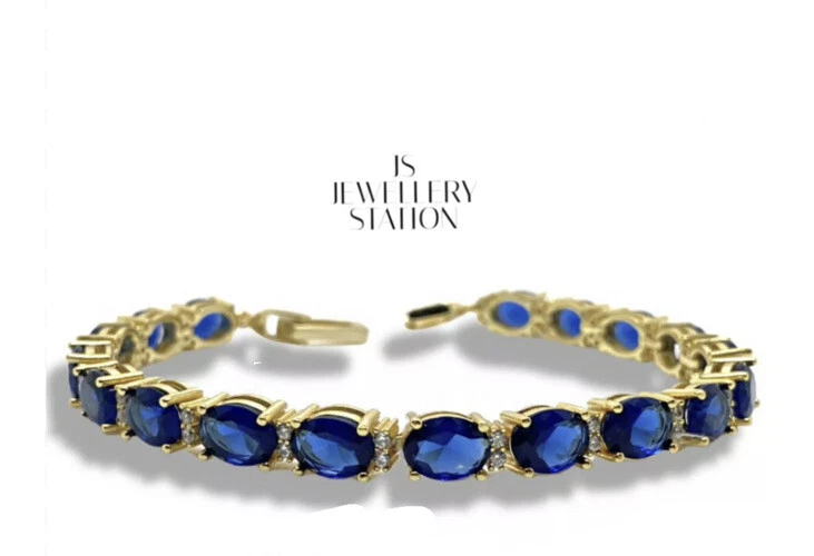 Yellow Gold Finish Oval-Cut Blue Sapphire & Created Diamond Tennis Bracelet - Image 3 of 4