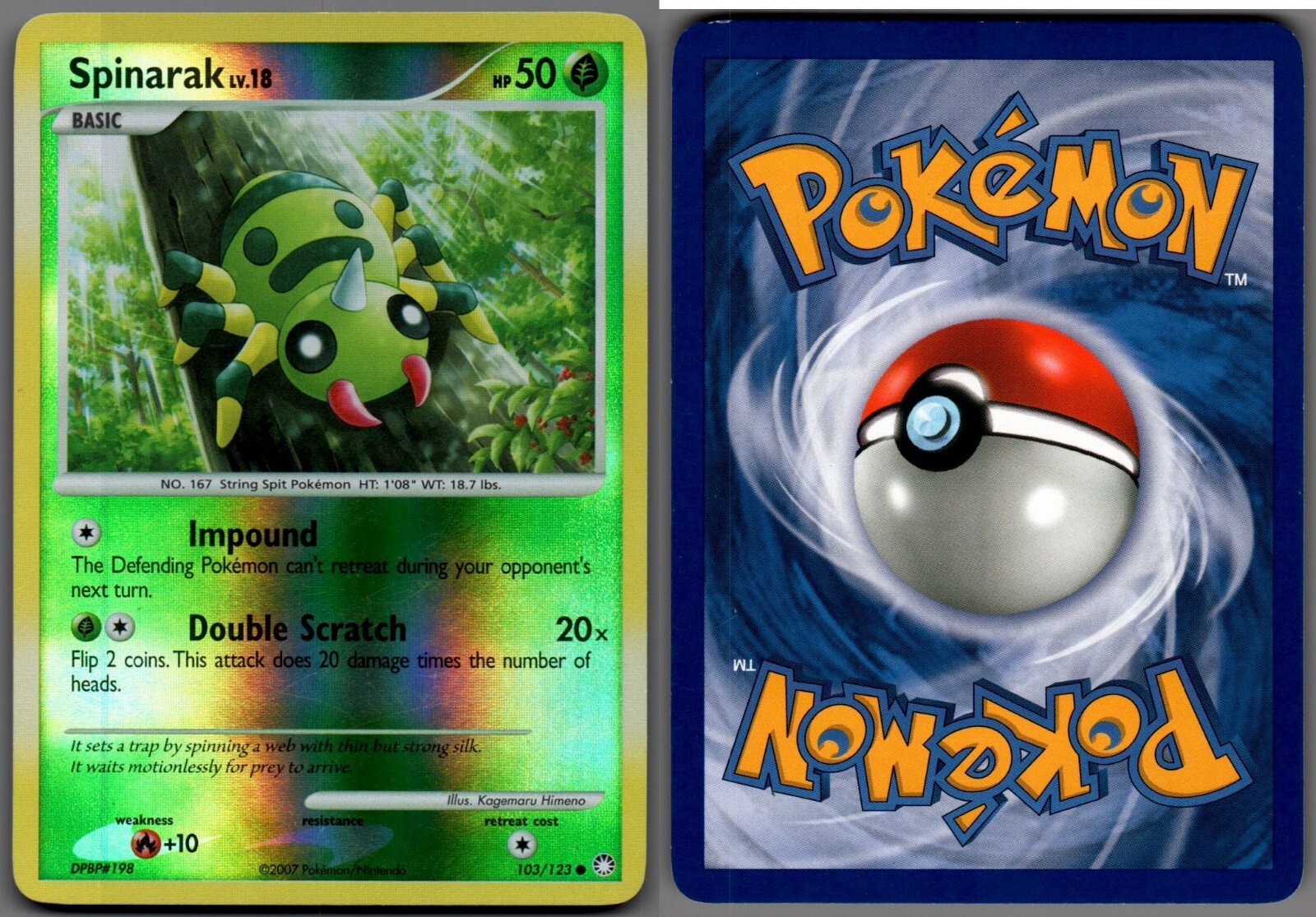 2007 Pokemon, Mysterious Treasures, #103/123 Spinarak, Reverse Holo Common