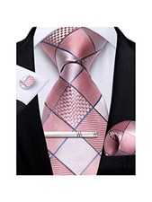 Plaid Ties for Men Silk Checkered Necktie and Pocket Square Pink Plaid
