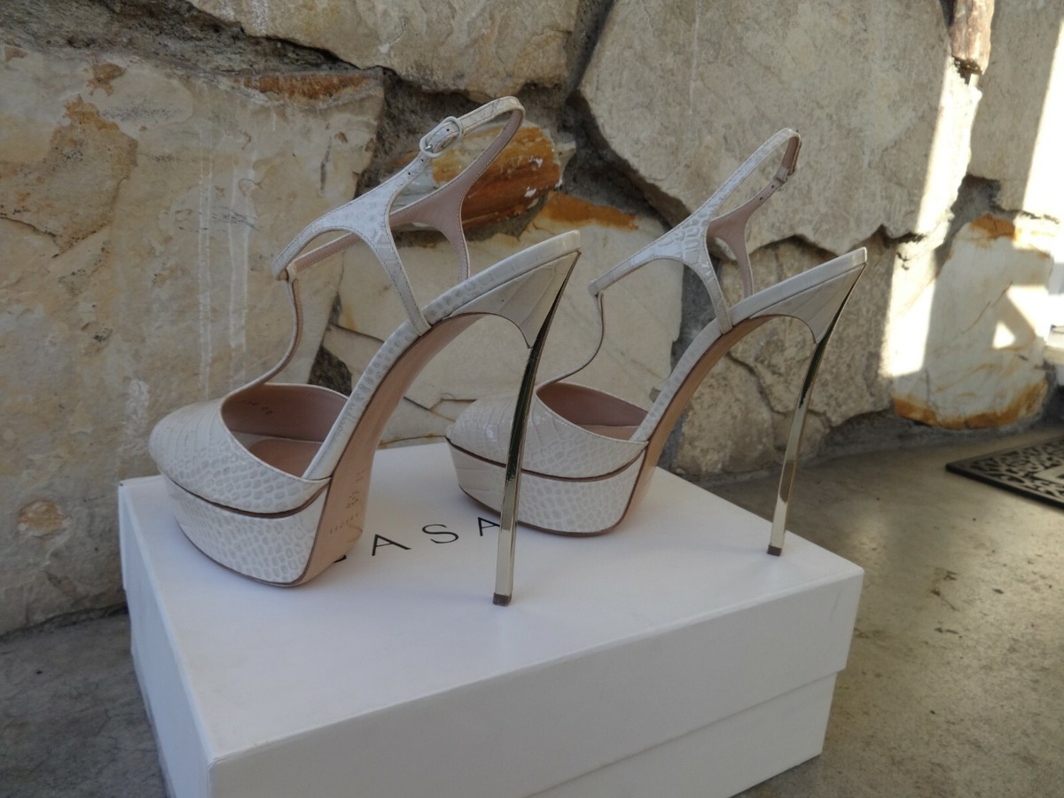 Casadei Skyhigh Blade Cage Strappy Platform Sandals Beige Patent