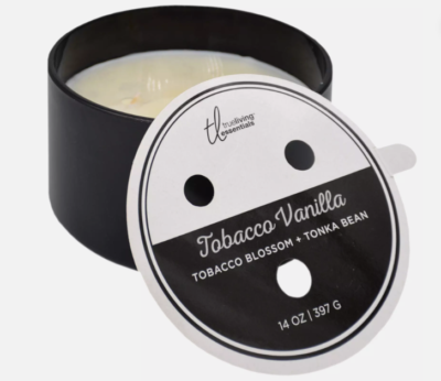 True Living Essentials TOBACCO VANILLA Tonka Bean Large 3-Wick Candle 14 oz  b4