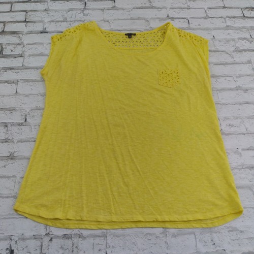 Hannah Shirt Womens Large Yellow Eyelet Pocket Tee Cotton Cap Sleeve Boho Top