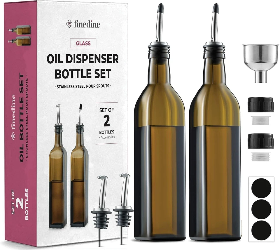 FINEDINE 2x 500ml Glass Oil Dispenser Bottles Set Funnel Spouts Labels Leakproof BPA-Free