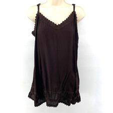 Vtg Y2K Cami Top M Crepe Brown Fairy Grunge Whimsigoth Boho Lace Velvet Trim