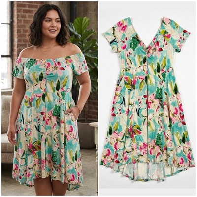 Torrid Skater Floral Multi Mini Supersoft Off Shoulder Stretch Plus Dress Sz 1X