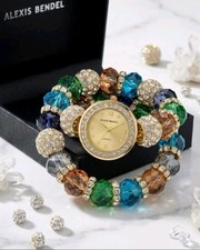 Alexis Bendel Beaded Bracelet Watch Gold Tone Rhinestone Multicolor Stretch Band