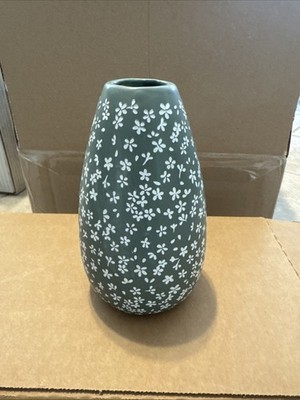 Sage Green Ceramic Dolomite Bud Vase Petite White Raised Flowers 6 