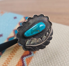 OLD PAWN Sterling Silver Vintage Navajo Turquoise Feather/Leaf Ring Size 9.75 