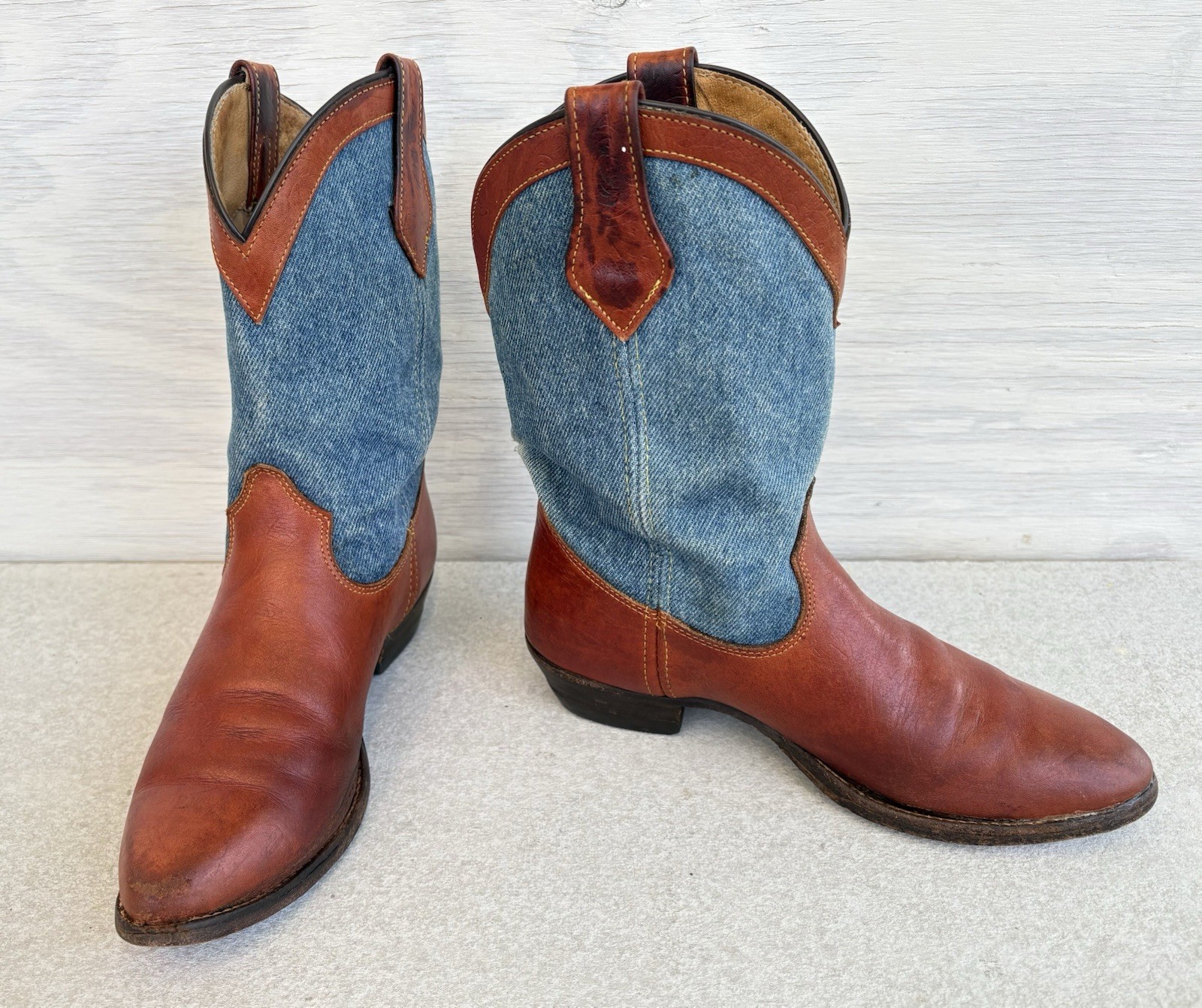 VTG Rare 1980s Frye Brown Leather & Denim Western/Cowboy Boots Made In USA Sz 6