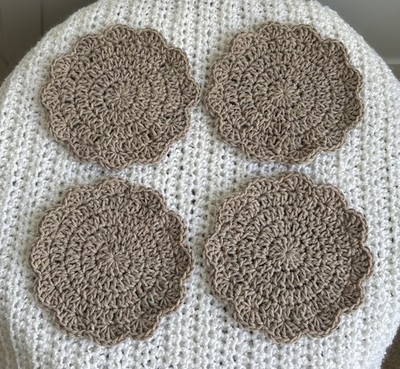 Crocheted Coasters Set Of 4 Flower Design Brown Handmade Gift