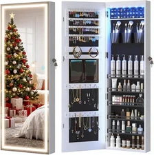 LVSOMT LED Mirror Jewelry Cabinet, Wall/Door 42.5" H x 14.5" W x 4" D, White 